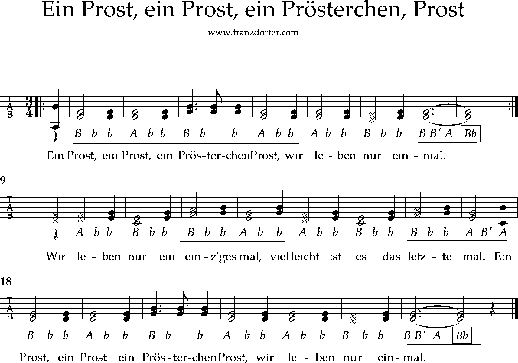 Ein Prost, ein Prost, ein Prösterchen, Prost-griffschrift.png Strimmungslieder auf der Quetschn, Ein Prost ein Prost